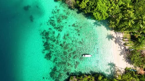 Luftaufnahme von Strand und Boot, Indonesien.