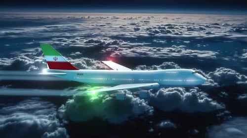 Commercial Airliner Passanger Plane Jumbo Jet Flying At Night Over Clouds With Country Flag Iran