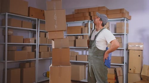 ein überraschter männlicher Arbeiter in Uniform und ein paar Probleme bei der Lieferung von Kartons