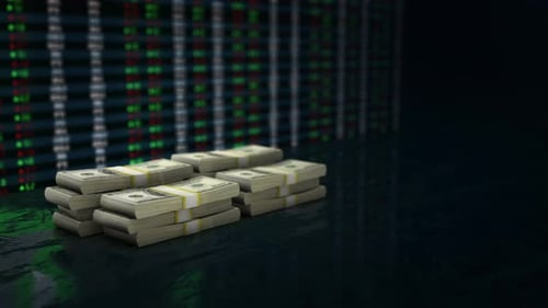 Money Stacks with Stock Market Background – Finance Concept 4K