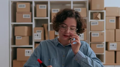 Industry, Courier Service Entrepreneur In Progress Works In Warehouse In Ecommerce Room Closeup