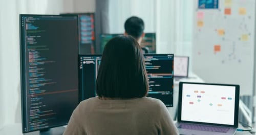 Group Adult Asia male, female freelance typing write prompt AI bot IT app smart program nomad.