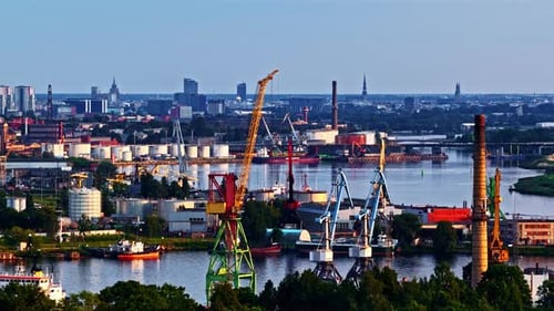Aerial Parallax of Riga Port and City Skyline