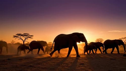 Elephant Herd Walking in African Savanna Sunset