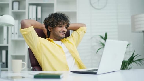 Employee job done Satisfied office worker freelancer coder leaning back businessman relaxing after h