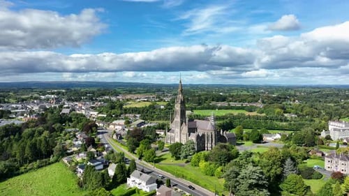 St. Cathedral, County Monaghan, Ireland, September 2022. Drone orbits counter clockwise around the R