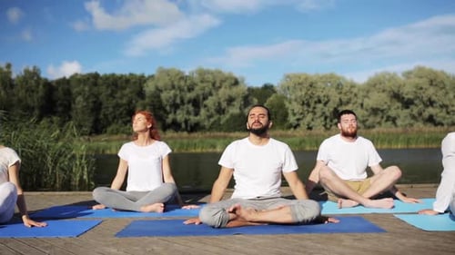 Yoga Class Practices Poses by Lake on Sunny Day