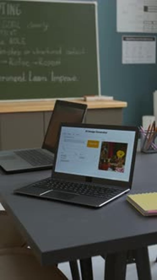 Laptop with Artificial Intelligence Generator on Desk in School Classroom