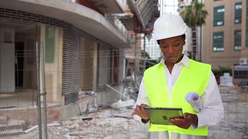 Vídeo de una arquitecta con casco y chaleco reflectante comprobando los planos en una tableta en una obra