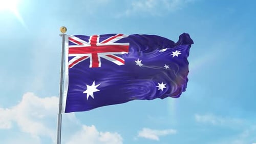 Australian Flag Waving in Realistic 3D Animation on Blue Sky
