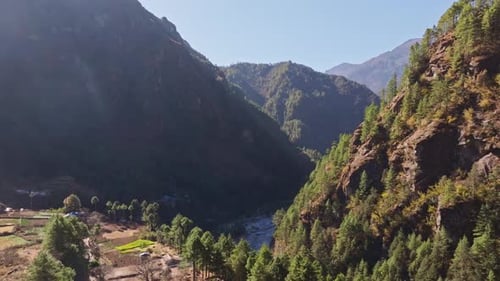 Aerial Panorama Revealing Serpentine River Cutting Through Verdant Valley Surrounded By Majestic