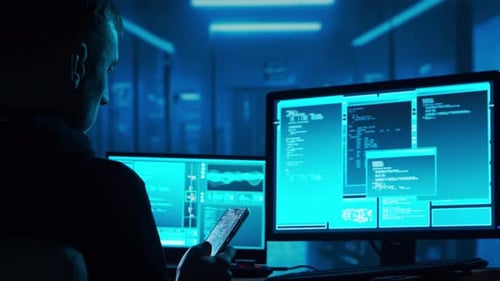 Man Uses Cell Phone in Dark Server Room