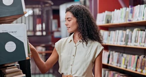 Face, bookshelf or happy woman in a library to search in college for knowledge