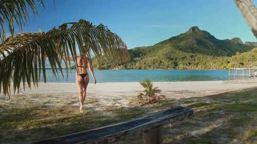 Woman Walking on Tropical Beach Under Palm Tree in French Polynesia