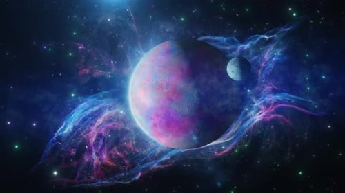Vibrant Space Nebula with Rotating Planet and Moon Animation