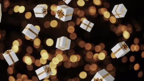 Luxury White Gift Boxes with Golden Bows are Falling in Slow Motion Rich Lights Bokeh Background