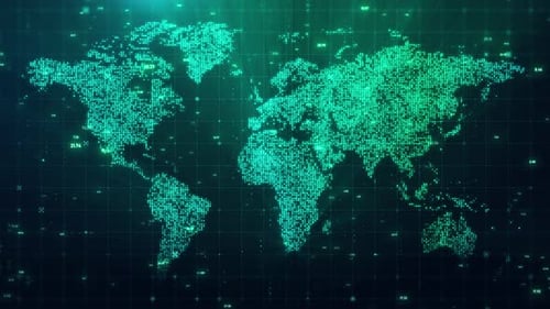 Futuristische digitale Weltkarten-Gitteranimation mit leuchtenden grünen Partikeln und Datencodes