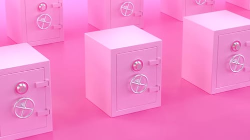 Many pink safe deposit boxes. Security and bank concept. 4K Video loop Animation.