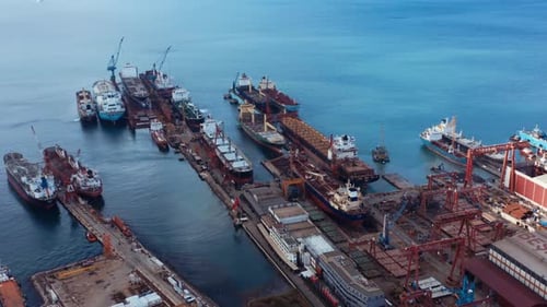 aerial view of shipyard. shipbuilding and ship repair facility . 4K