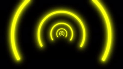 Abstract neon tunnel with glowing yellow concentric circles animated on a black background.