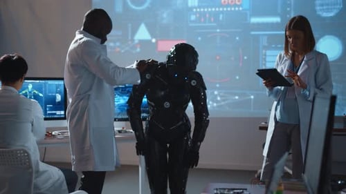 Wissenschaftler arbeiten in einem Labor zusammen, um einen fortschrittlichen Roboter zu entwickeln