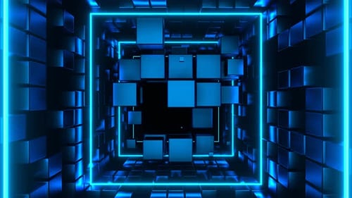 Blaue kubische Entität bewegt sich durch den Tunnelhintergrund VJ Loop in 4K