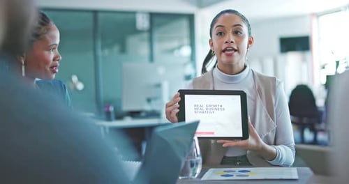 Presentation, meeting or business people on tablet for company chart growth