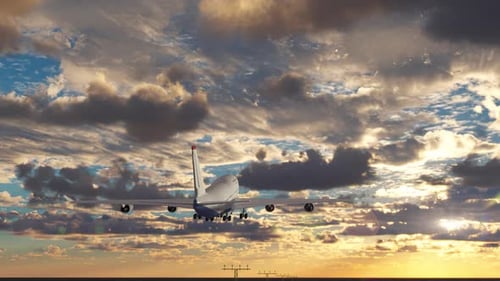 Avião comercial com passageiros decolando contra o céu nublado da noite