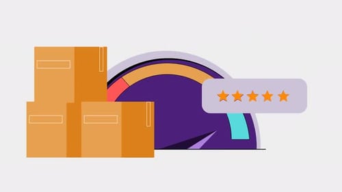 Flat Design Gauge with Rating Stars and Delivery Boxes Animation