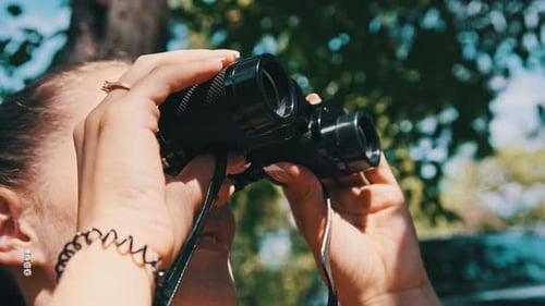 Woman Looks Through Binoculars on a Chaise Longue in a Forest Near Camping