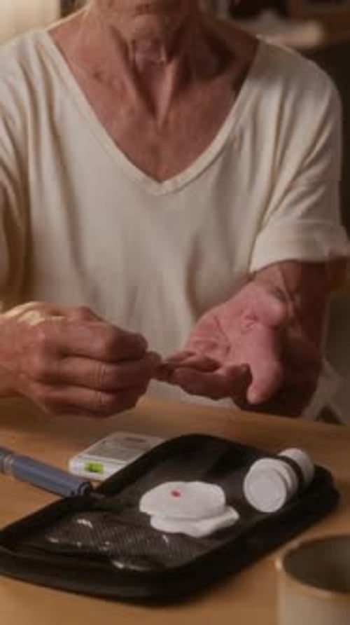 Senior Woman Checking Blood Sugar Level at Home