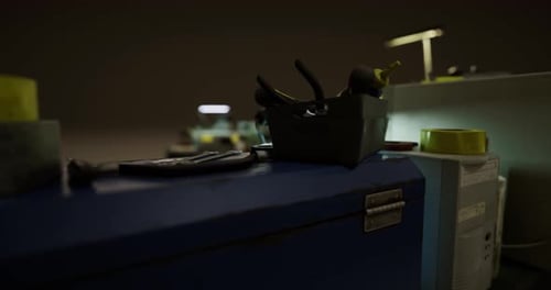 Nighttime Tools and Equipment Set on a Workbench in the Workshop