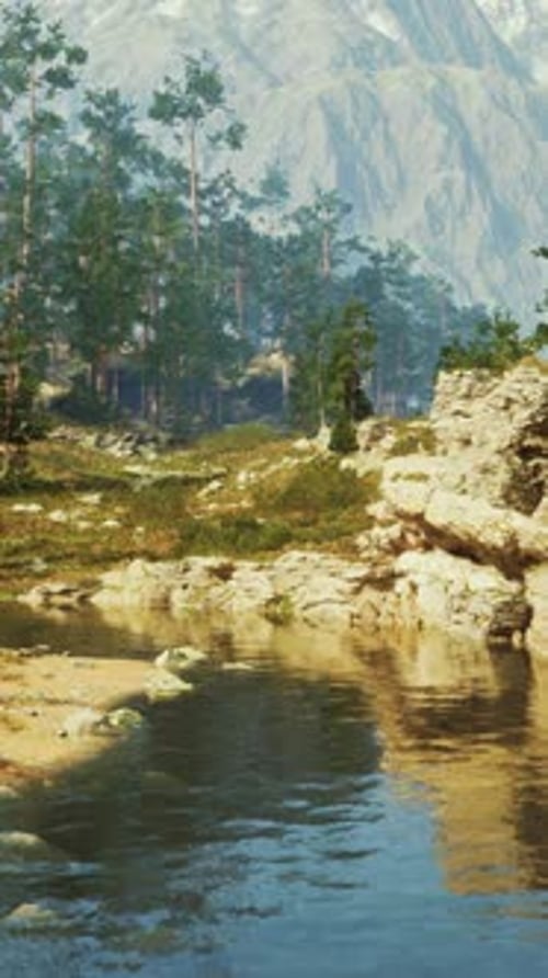 A Picturesque Mountain Landscape with a Flowing Stream in the Foreground
