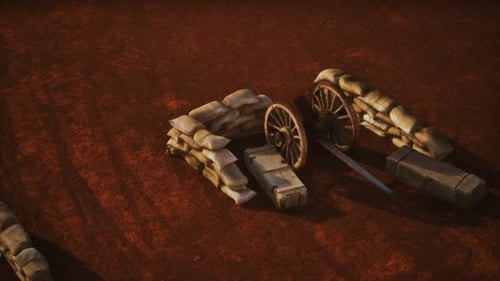 3D Animated Old Cannon and Sandbags in Battlefield Scene