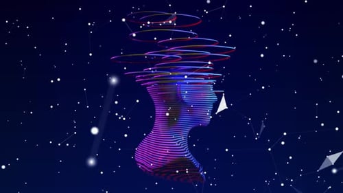 3d Digital Abstract Human Face on a Dark Background Futuristic Face Cut Into Colored Slices