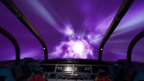 Vue du poste de pilotage d'un vaisseau spatial voyageant à une vitesse incroyable et s'approchant d'une planète 4