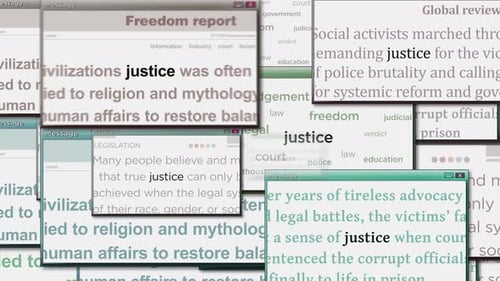 Animated Digital Windows Displaying Justice and Legal Text