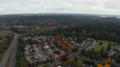 Aerial view of luxury residential neighborhood on the side of the highway in Washington, USA. Family