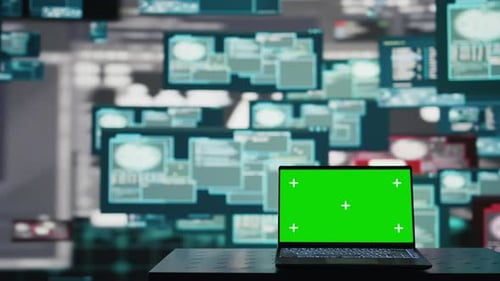 Empty Scene with Green Screen on Laptop Showcases Quantum Threat