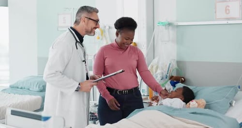 Pediatrician, advice and mother with kid in hospital bed for check or healthcare consultation