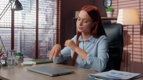 Tired Caucasian Business Woman Close Laptop Taking Off Glasses Leaning Back in Chair Feeling
