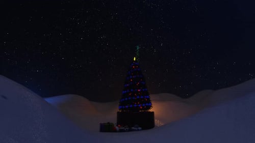 Christmas Tree with Sparkling Fireworks in Snowy Night Scene