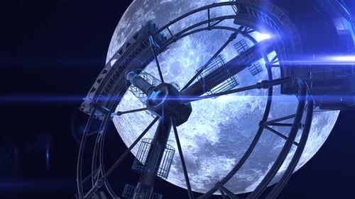 Futuristic Rotating Space Station Orbiting Moon in Deep Space