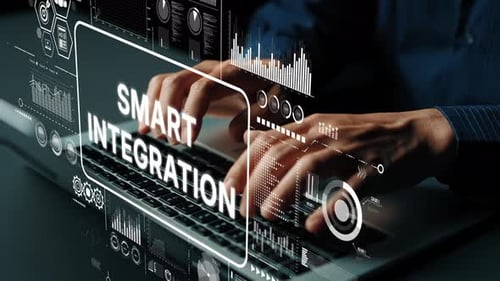 Handtippen auf der Tastatur mit intelligentem Integrationskonzept und digitalem Grafikhintergrund in Modern Of