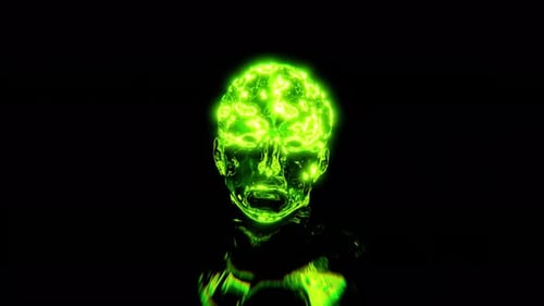 Anonyme Animation mit abstraktem römischem Statuenkopf und grünem Gehirn mit künstlicher Intelligenz