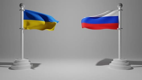3D Flag of the Ukraine and Russia on a flagpole wind emergence on a white background with free space