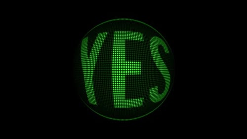Green Dot Matrix YES Word on Rotating Futuristic Sphere Loop