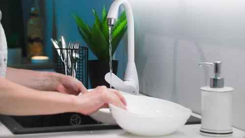 Woman Washing Dishes at the Kitchen Sink