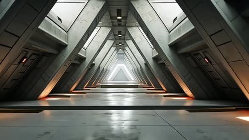 Vast, triangular corridor, futuristic architecture, concrete interior
