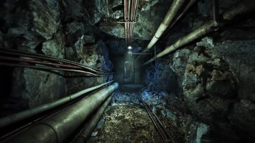 Exploring a Dimly Lit Underground Bunker with Exposed Pipes and Rocky Walls